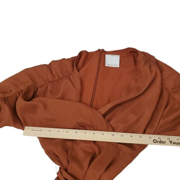 C/meo Collective Womens Mini Dress XXS Cognac Copper‎ Eminence Tie Waist Draped - Picture 11 of 13